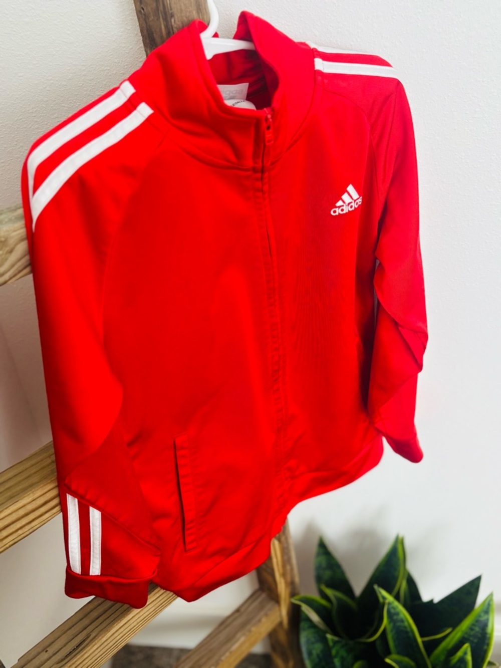 Adidas Red Track zip up Jacket with White Stripes